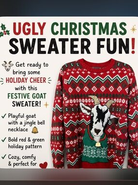 Ugly Christmas Sweater Fun! Goat graphic with jingle bell attached. Size XL